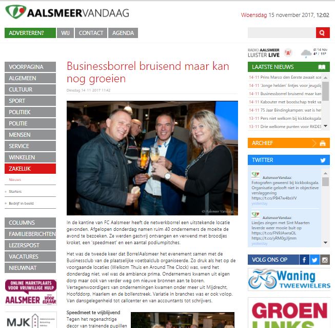 Bedankt <a href="/AalsmeerVandaag/">Aalsmeer Vandaag</a>  voor de verslaglegging vd 2e editie vd #netwerkborrel i.s.m. <a href="/BC_FCAalsmeer/">BC FC Aalsmeer</a> ow.ly/Q2cT30gArg2 . Graag tot 8 februari a.s. #netwerkborrel #netwerkbijeenkomst #MKB #ZZP #Businessclub #Aalsmeer #netwerken #Haarlemmermeer #Amstelland