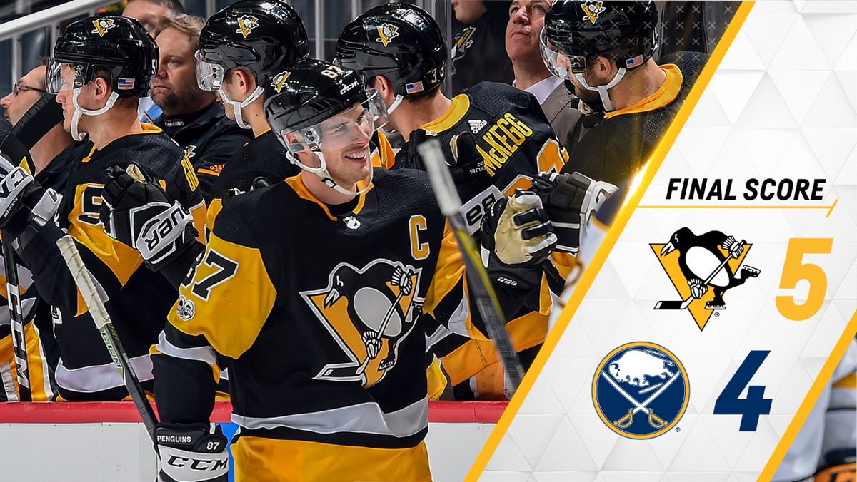 penguins's tweet photo. GOAL! SHEARY! GAME OVER! Crosby passes it over to Sheary less than 20 seconds into the OT period and the Penguins score. Ladies and gentlemen, Elvis has just left the building! https://t.co/DHwMfWe8uA
