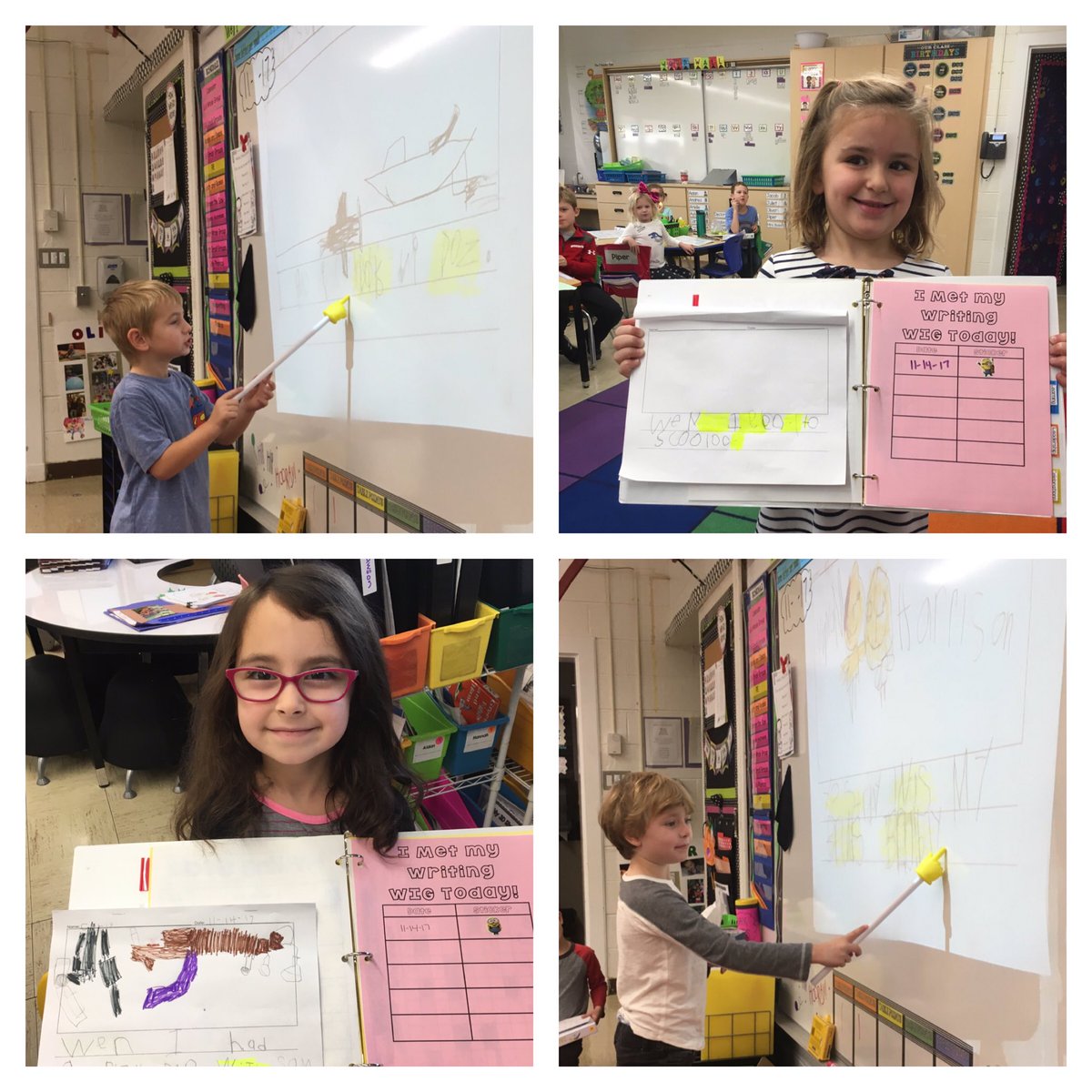 Goal setting is important, even in kindergarten. Writers highlighted where they achieved their personal  writing goal. #kip109 #engage109