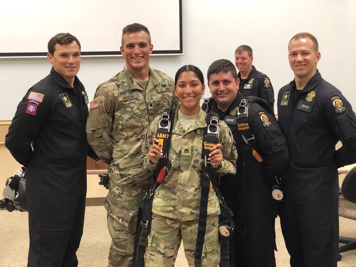 untarmyrotc's tweet photo. A special thanks to the Army Golden Knights parachute team for stopping by our ROTC classes to introduce themselves and what they’re all about. Keep an eye out for them as they parachute in on Saturday’s game as the Mean Green take on Army at Apogee Stadium! #GMG #Army #NewDenton https://t.co/C4qMRej4dL