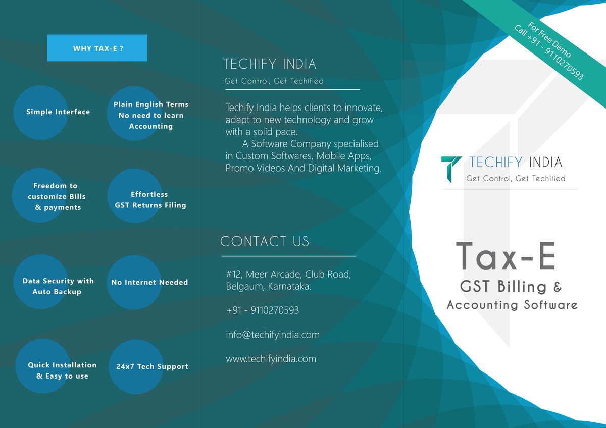 TechifyIndia's tweet image. Techify India presents Accounting &amp;amp; Billing Software with GST return filling feature.
* Simple Interface 
* Plain English terms no need to learn Accounting 
* Outstanding payments 
* Negative Stock tracking 
And many more
for Free Demo Contact : +91-9110270593