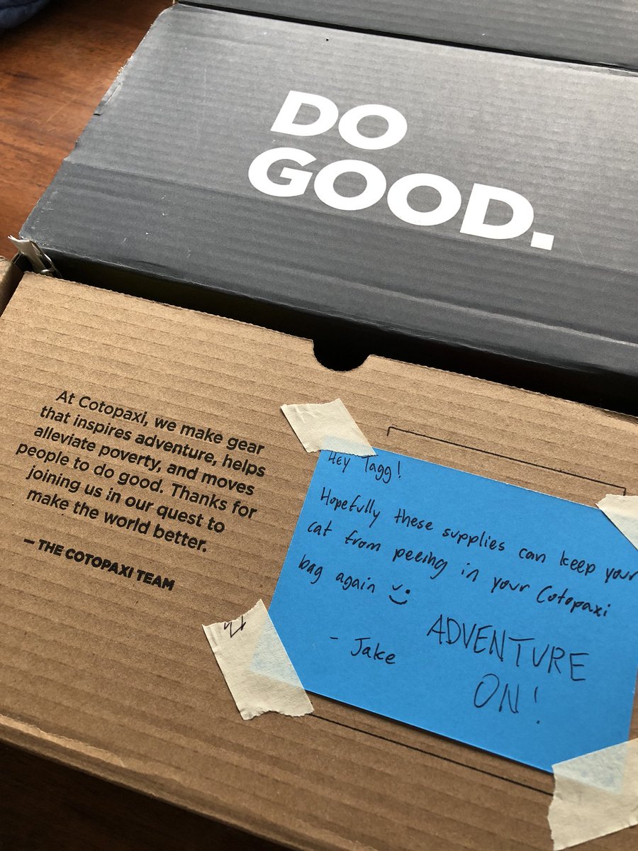 taggdoll's tweet photo. After a cat peeing incident left me calling Cotopaxi for backpack cleaning tips, I receive this in the mail. Super cool Cotopaxi, you guys are rock! https://t.co/pGJRuMgKkK