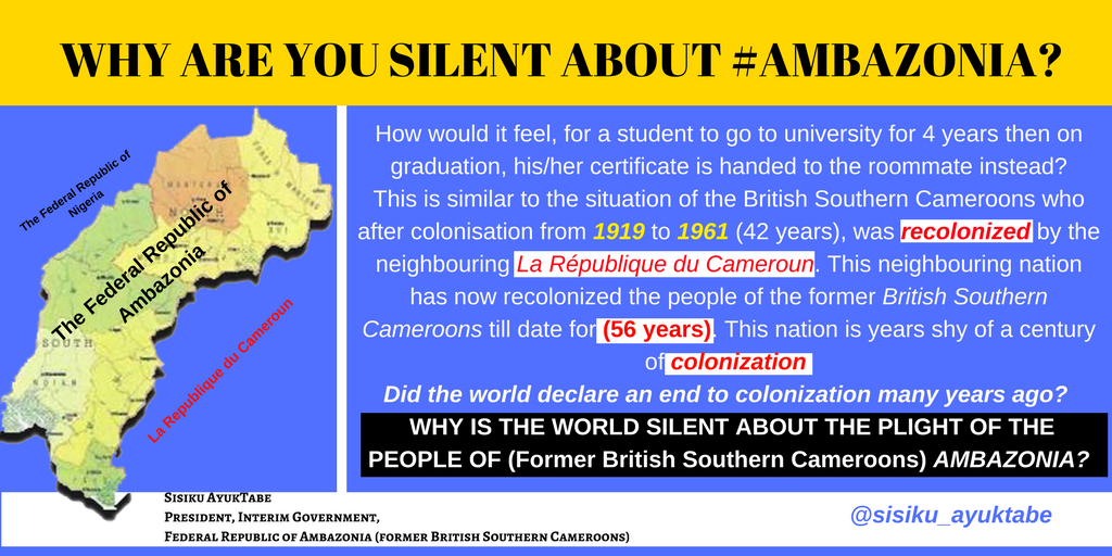 sisiku_ayuktabe's tweet photo. Did the world declare an end to colonization many years ago? 
Why is the world silent on the plight of the people of the (FMR British Southern Cameroons) #AMBAZONIA? 
Tag &amp; educate someone who #Silent about #Ambazonia, #SouthernCameroons #FreeAllArrested https://t.co/6SG4Y1t3aZ