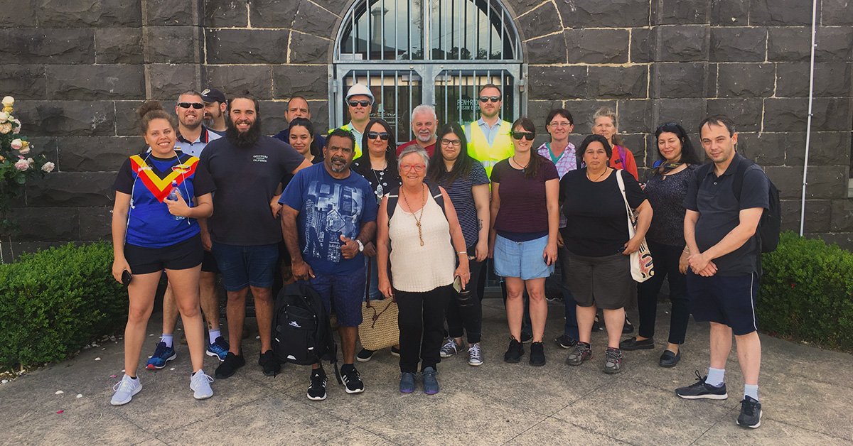 Today, we hosted a group of Aboriginal Cultural Heritage Management students from <a href="/latrobe/">La Trobe University</a> on a site tour of the Ronald Bull mural concealed within the historical precinct of F Division, Pentridge. The 1962 painting depicts a camp scene with warriors around a fire. #futureestate