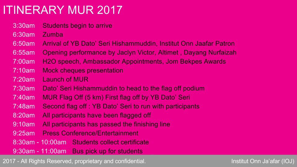 sukarelawanUM's tweet photo. Below is the tentative for MUR 2017 which will be held this 18th Nov at Sepang International Circuit.
There’s only 3 more days for the run! 😍 😘 We hope you are excited for the run as much as we are 💫✨
#IOJtheTouch #MUR2017 #SEKRUM @HishammuddinH2O @iojthetouch https://t.co/oNhvXd9k5T