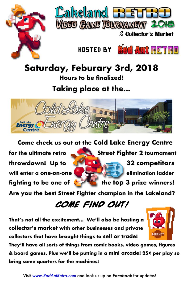 RedAntRetro's tweet photo. Retro Video Game Tournament happening in Cold Lake, Alberta! Feb 3rd, 2018 #redantretro #retrogaming #streetfighter2 #gametournament #lakelandregion #coldlake #energycentre #tournament #miniarcade https://t.co/a99PK8YI1c