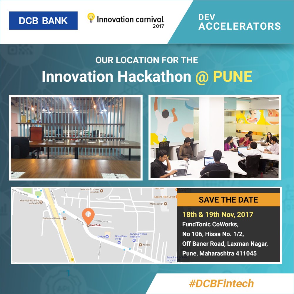 DCBHackathon's tweet photo. We are thankful to @FundTonic for hosting the #Hackathon at their #Pune premises. Come and let's disrupt innovation in #Fintech Domain

Be a part of DCB Fintech Hackathon, To Register Visit: https://t.co/ksiauJKuWY

#DCBFintech #FINTECHackathon #Startups #Developers #Students https://t.co/pLIueHOWSn