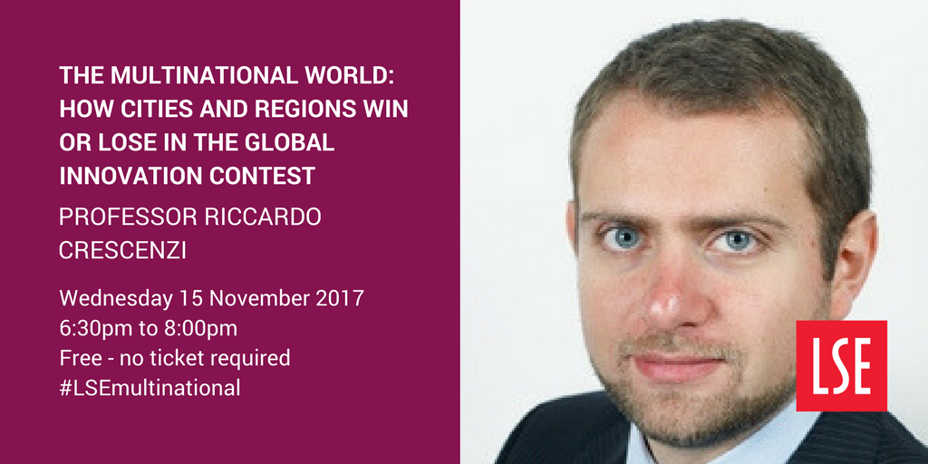LSEGeography's tweet photo. Join us this evening for Prof Riccardo Crescenzi's inaugural lecture, 'The Multinational World: how cities and regions win or lose in the global innovation contest'. https://t.co/SQqAWmhs3H #LSEmultinational @LSEpublicevents https://t.co/JvP2hcg8Vm
