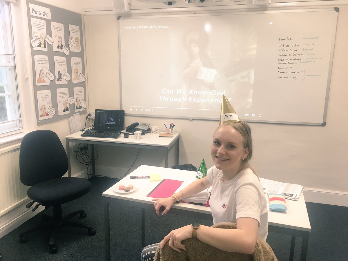 StGabsRPE's tweet photo. Celebrating Izzy's birthday with philosopher party hats - testing her knowledge of their views on Religious Experience #philosophyisfun https://t.co/626awdep8Y
