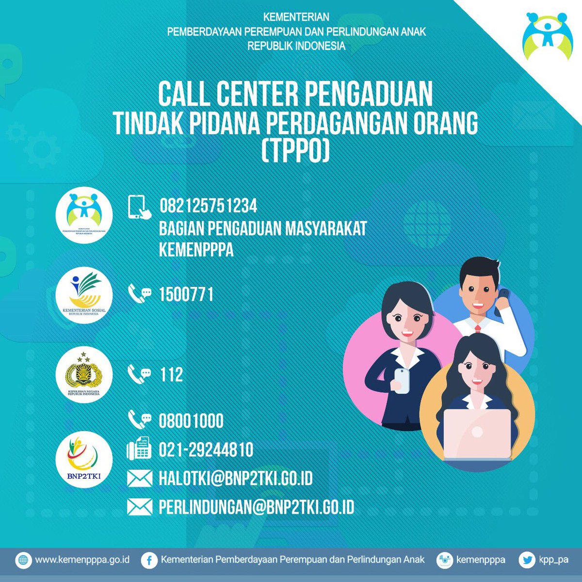 Berikut beberapa pilihan hotline aduan yang dapat kita gunakan untuk melaporkan kasus TPPO termasuk ke Bagian Pengaduan Masyarakat Kementerian PP dan PA dengan nomor 0821-2575-1234.

 #StopPerdaganganOrang #3ENDS