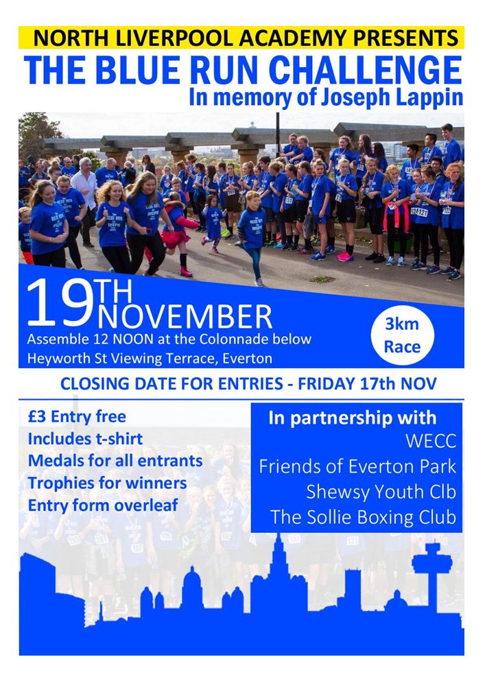 PLEASE SHARE
THE BLUE RUN CHALLENGE 
in memory of Joseph Lappin
19th NOVEMBER
Assemble 12 Noon at Heyworth St Viewing Terrace, Everton