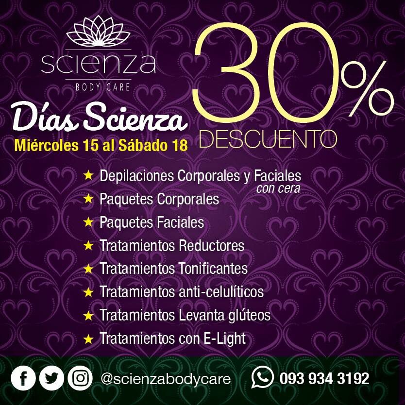 scienzabodycare's tweet photo. Empiezan nuestros Días Scienza!!! Aprovecha todos nuestros tratamientos con descuentos del 30 al 50%, puedes comprarlos y usarlos hasta por 6 meses.#urdesa #guayaquil #urdesacentral #spaguayaquil #blackdaysguayaquil https://t.co/fbPI8A3gq7