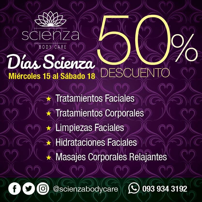 scienzabodycare's tweet photo. Empiezan nuestros Días Scienza!!! Aprovecha todos nuestros tratamientos con descuentos del 30 al 50%, puedes comprarlos y usarlos hasta por 6 meses.#urdesa #guayaquil #urdesacentral #spaguayaquil #blackdaysguayaquil https://t.co/fbPI8A3gq7