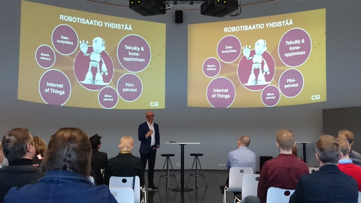 #Robotisaatio ei ole vain fyysisiä laitteita vaan laajempi kokonaisuus. #techmeup17 <a href="/scienceparkFI/">Joensuu Science Park</a> <a href="/Karelia_amk/">Karelia-amk</a> <a href="/CGI_FI/">CGI Suomi</a> #tekoäly #koneoppiminen #IoT #dataanalytiikka #pilvipalvelut #ohjelmistorobotiikka #mobiiliratkaisut #mikropalvelut