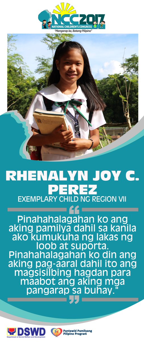 pantawidpamilya's tweet photo. Maging masipag, mapagmahal, at magkaroon ng paggalang sa mga nakatatanda at pananampalataya sa Diyos. Ito ang mga aral na bitbit ni Rhenalyn Joy Perez saan man siya magpunta. Siya ang Pantawid Pamilya Exemplary Child ng Central Visayas. #NCC2017 #MangarapKaBatangPilipino https://t.co/Ud92GKW5XD