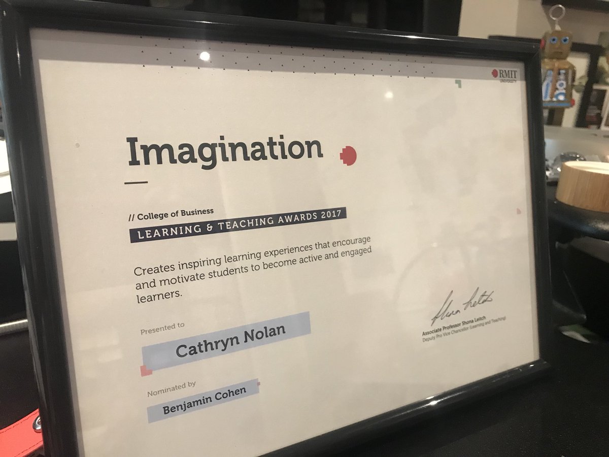 nolanlegal's tweet photo. This one is going straight to the pool room! Inaugural winner of the @RMIT College of Business Imagination Award - nominated by students for creating inspiring learning experiences #excited #proud #rmitjd #rmitmba #gsbl https://t.co/6UZbpWF39D