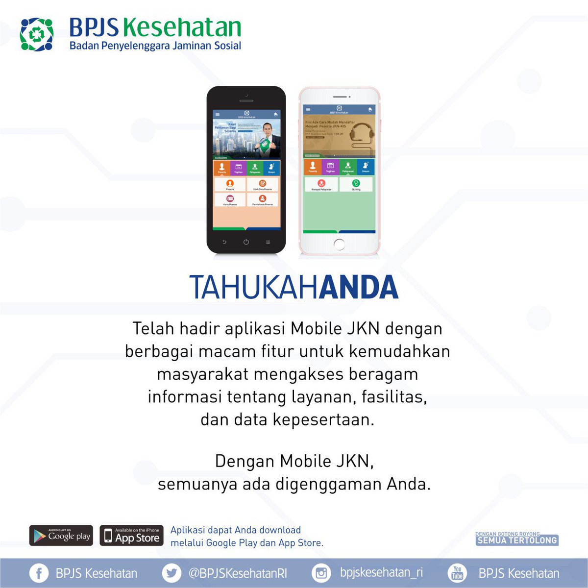 BPJSKesehatanRI's tweet photo. Kini telah hadir Aplikasi Mobile JKN untuk memudahkan sahabat mengakses layanan, fasilitas dan data kepesertaan. link download play store : https://t.co/soT0hSYup4 Link download App Store : https://t.co/5G4UvrHdf8 
#JKNKIS #MobileJkn https://t.co/XRuL35Zkig