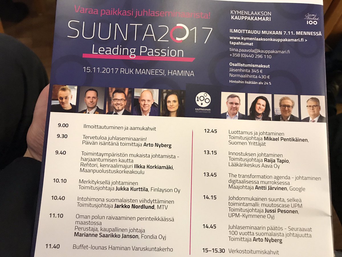 SsVesala's tweet photo. Innostava päivä tiedossa Suunta 2017 -johtamisseminaarissa, jos ohjelmaa katsoo😍. #leadingpassion #suunta2017 https://t.co/bRxVTPlWNq