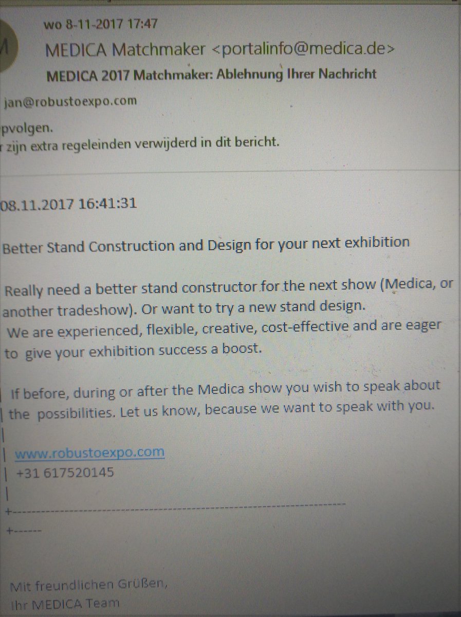 RobustoExpo's tweet image. #Medica2017 #Compamed2017 team was right stopping enclosed message to all #exhibitors. However, if you do need improvement in #exhibitionstand or #tradeshow performance in any way, do let us know. We improved them before and will do it again 😉 #exposuccess #duesseldorf #messe