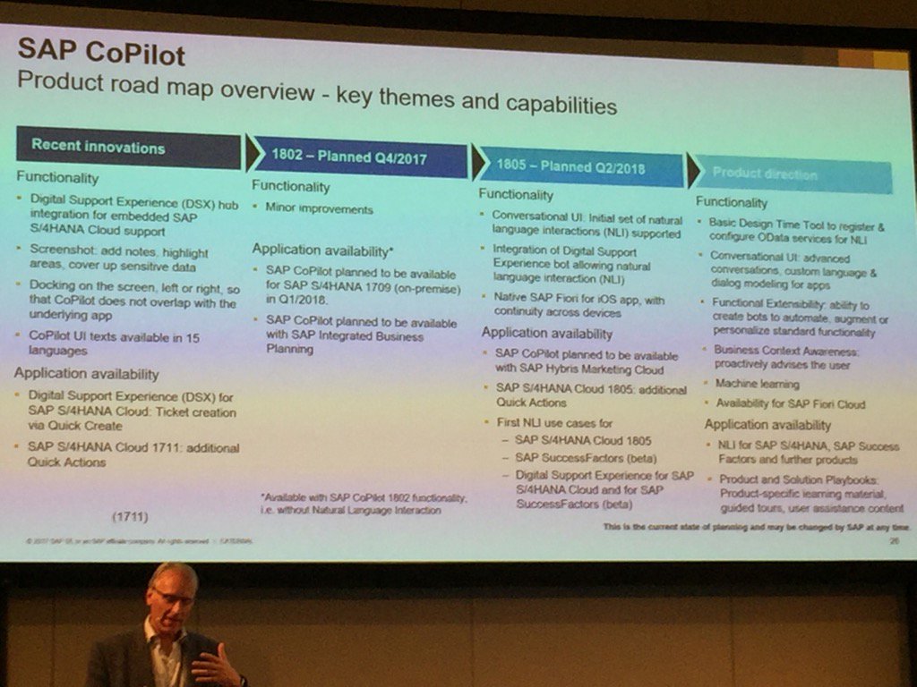 jocdart's tweet photo. #SAPTechEd BCN #SAPCoPilot latest roadmap planned availability for #S4HANA 1709 in 2018 Q1 @c821311 https://t.co/LmzDvwW7wA