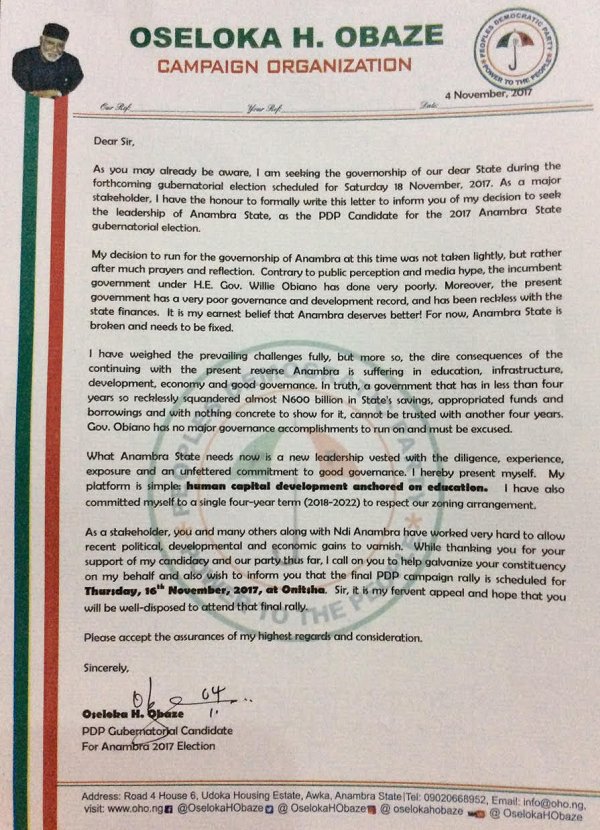 Anambra Election: Oseloka Obaze Writes Stakeholders