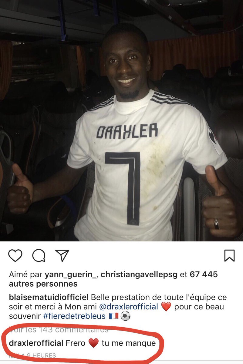 AmbreGodillon's tweet image. Je décerne la palme de la mignonnerie de la trêve internationale à Draxler, pour son petit mot du cœur glissé à Matuidi 😍  (Et le Charo est fair-play après le match) #PSG