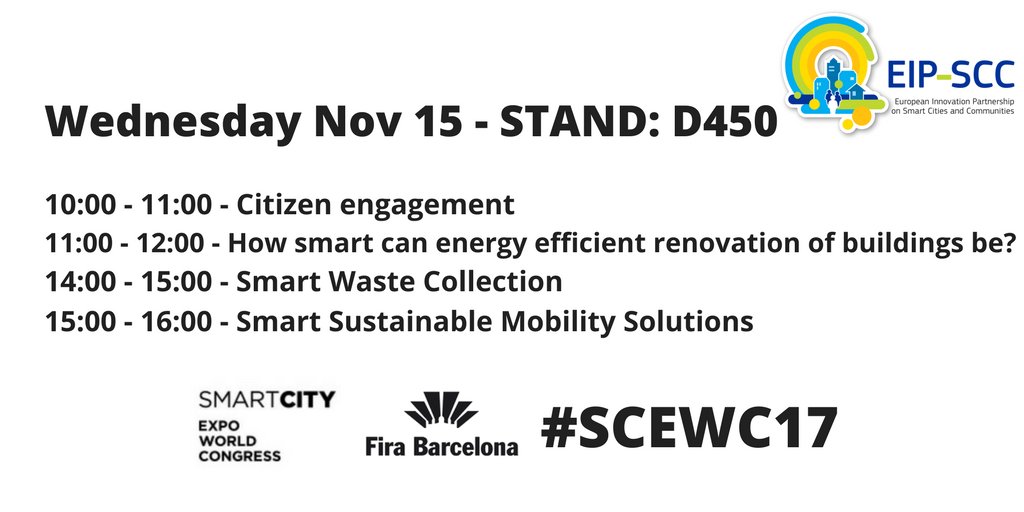 EUSmartCities's tweet photo. Join us at #EUSmartCities stand D450 at 10:00am where our first discussion session on 'Citizen Engagement' will begin, featuring John Zib lead of #EIPSCC Initiative Citizen City https://t.co/Qw5qkidS9n #SCEWC17 @SmartCityexpo #SmartCities https://t.co/r6DFEUzMBz