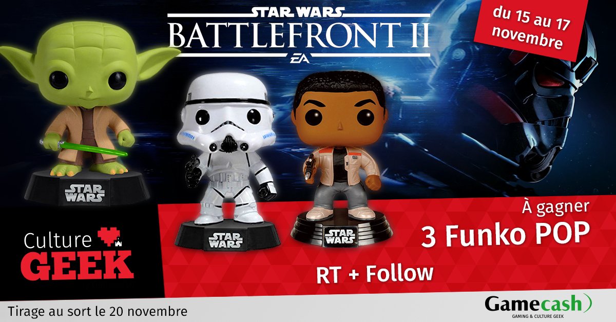Gamecash_fr's tweet image. [#Concours🎁 ] À l'occasion de la sortie de #StarWarsBattlefrontII Gamecash vous fait gagner 3 figurines #POP #StarWars 
Pour participer : 
👉 RT + Follow @Gamecash_fr ! 
👍 Doublez vos chances en participant sur Facebook : bit.ly/fbgcash
✔️Tirage au sort le 20/11