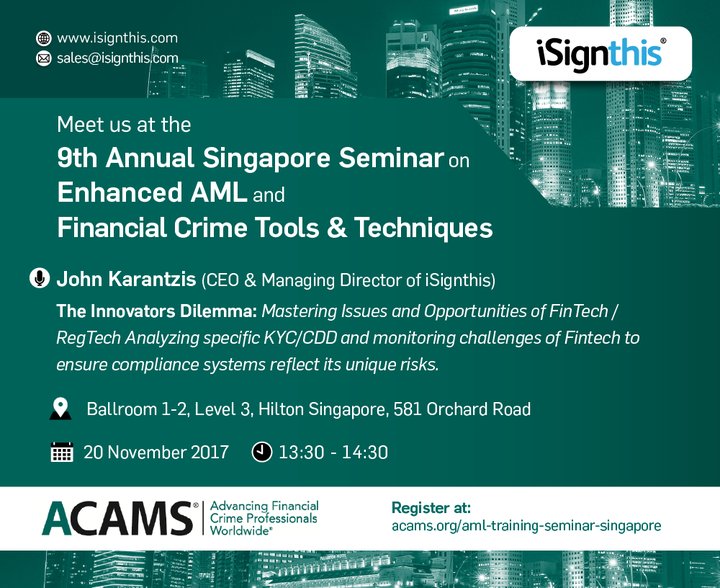peiamarad's tweet photo. Meet $ISX #paydentity #ISXPay CEO Mr. John Karantzis in Singapore 20/11 at ACAMS training seminar on financial crime. #CDD #KYC
ACAMS 9th Annual Singapore Seminar on “Enhanced AML and Financial Crime Tools &amp; Techniques”
https://t.co/r1UVlGKNIb https://t.co/MM4IcewhqJ