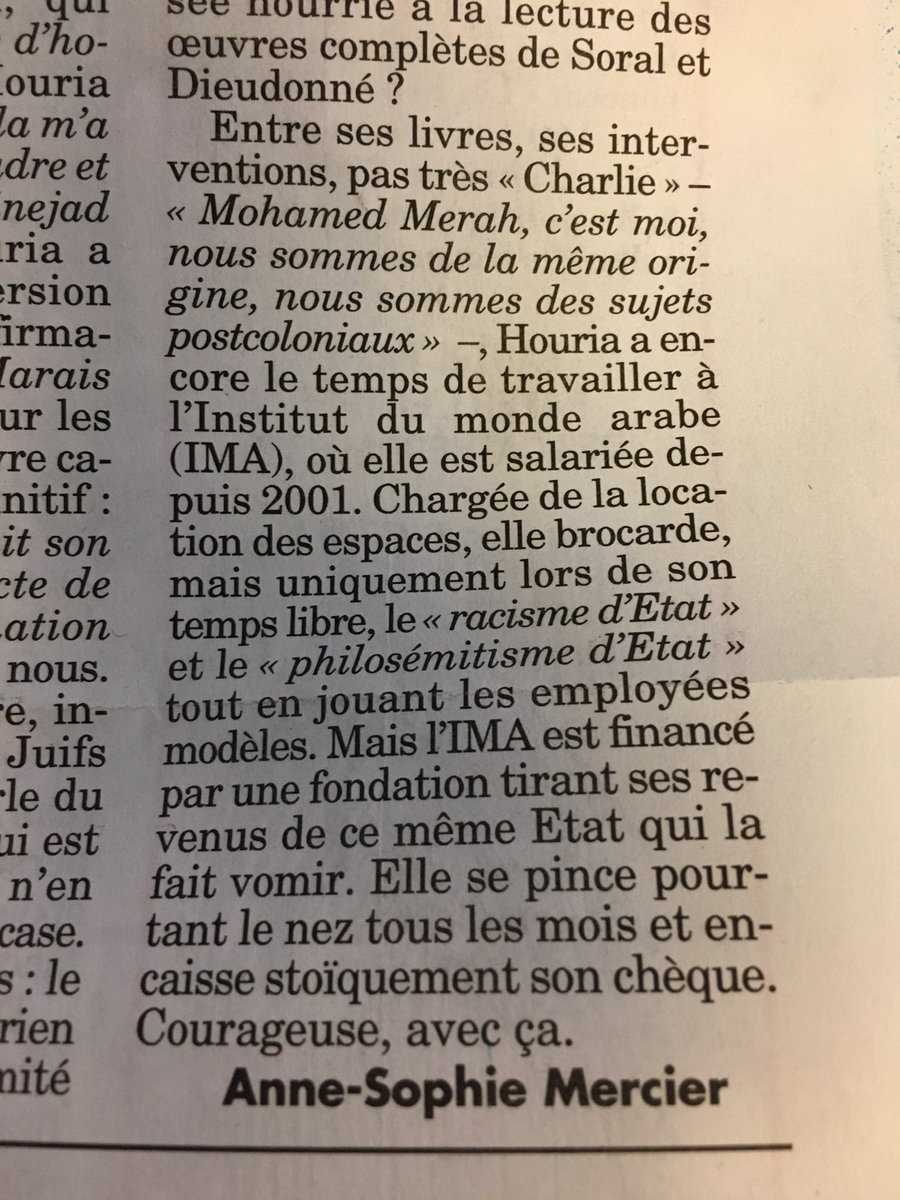 LouisHausalter's tweet photo. Le Canard rappelle que Houria Bouteldja du PIR est toujours salariée de l’Institut du monde arabe, "chargée de la location des espaces" https://t.co/JrwYaAGTuq