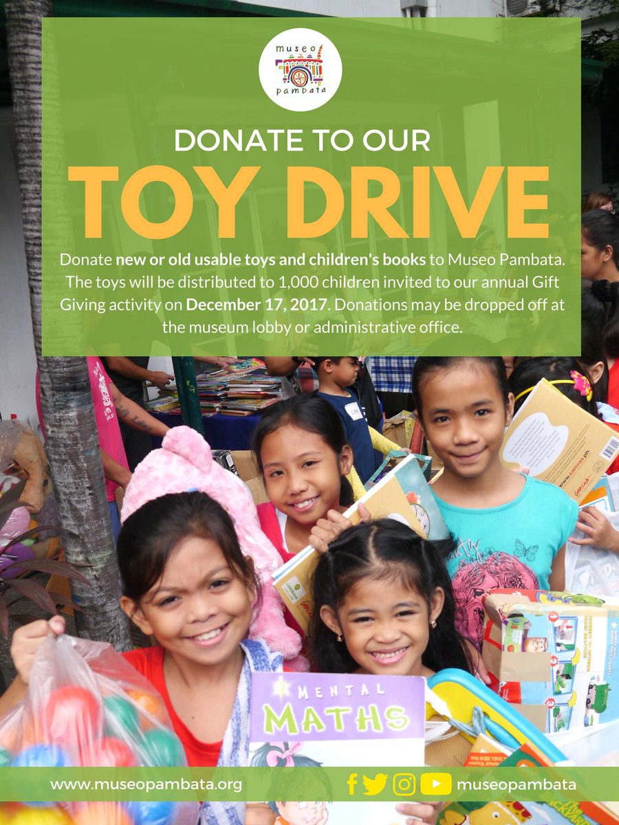 museopambata's tweet photo. Give your old toys and books a new home! Donate to our Toy Drive and cheer up one of the 1,000 children invited to our Gift Giving activity this December 17, 2017. https://t.co/v28HyeDm40