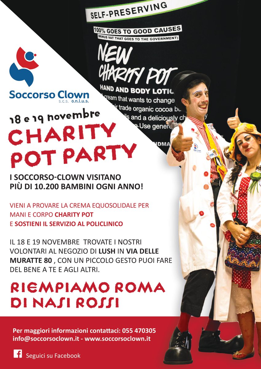 Vi aspettiamo sabato18 e domenica19 al negozio #lush di via delle Muratte79/81 per il Charity Pot Party,due giorni in cui potrete comprare la crema per mani e corpo e sostenere la nostra missione all'Umberto I.
#charitypotparty #lushromatrevi #soccorsoclownonlus #roma