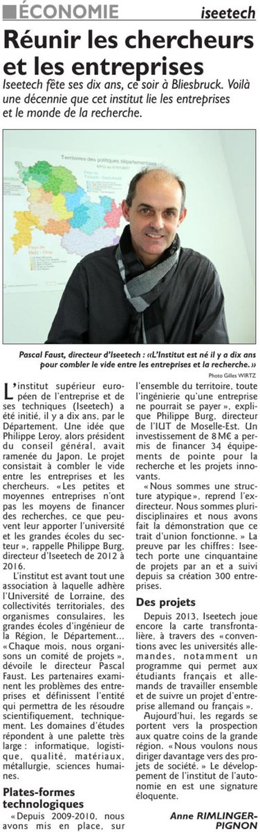 enMoselleEst's tweet photo. Moselle | #ISEETECH | Réunir les #chercheurs et les #entreprises
(Source : Le Républicain Lorrain 15.11.2017)
Iseetech fête ses #10ans, ce soir à Bliesbruck https://t.co/GLh7Ky8S4w
