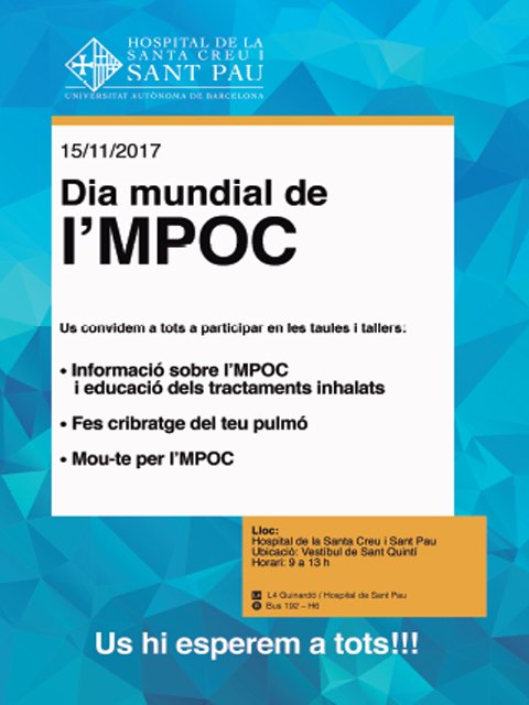 L'equip @PulmoSPau ja us espera al vestíbul de l'hospital per informar-vos i conscienciar sobre la #MPOC. Avui, 15 de novembre, Dia Mundial contra la malaltia.