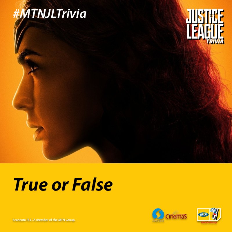 MTNGhana's tweet photo. Today's MTN #JusticeLeague Trivia!
TRUE OR FALSE.
1.Wonder woman is God of Combat Skill.
2.Wonder Woman is the daughter of Zues.
3.Wonder Woman needs her bracelet to keep her powers in check.
Stand a chance to watch the premiere of #JusticeLeague this Friday. #MTNJLTrivia https://t.co/QWmXqb4YUK