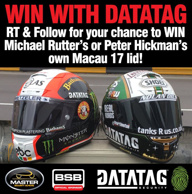 #WIN with <a href="/DatatagID/">Datatag</a>! We're giving away 2 very special <a href="/ShoeiHelmetsUK/">Shoei Helmets UK</a> lids from our <a href="/MacauGPbikes/">MacauGP 🇲🇴</a> supported riders <a href="/michaelrutter_/">Michael Rutter</a> &amp; <a href="/peterhickman60/">Peter Hickman</a> just RT &amp; #Follow us to be entered - winners collect #prizes <a href="/motorcyclelive/">MCL</a> on last weekend from riders on our stand! #giveaway