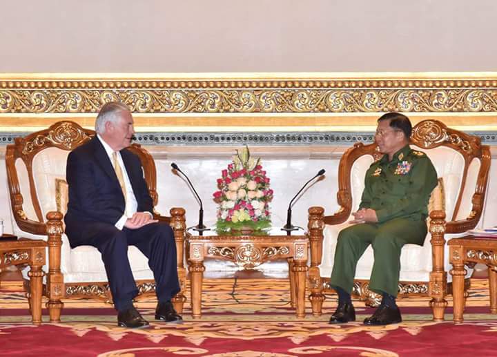 Myanmar SG Min Aung Hlaing met US minister HE Rex Tillerson.exchange view of Bengili's crisis and illegal drug smuggler issues.to join