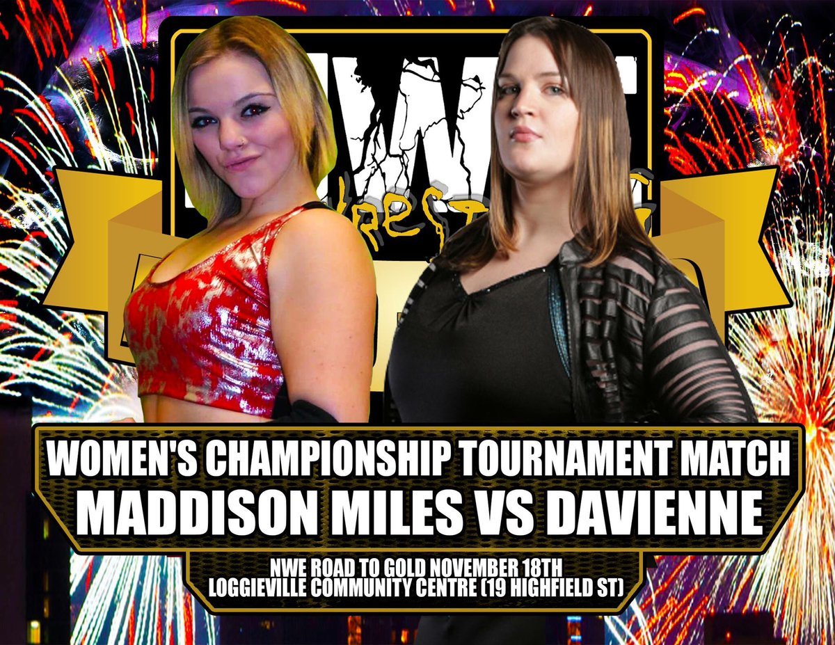 The winner from each of these matches this Saturday will meet later in the night for the NWE Women’s Championship! @DelmiExo goes one on one with @giawrestling and @maddison131444 goes one on one with @davienne_long. Who will make it to the finals? #NWERoadToGold #NWEMiramichi