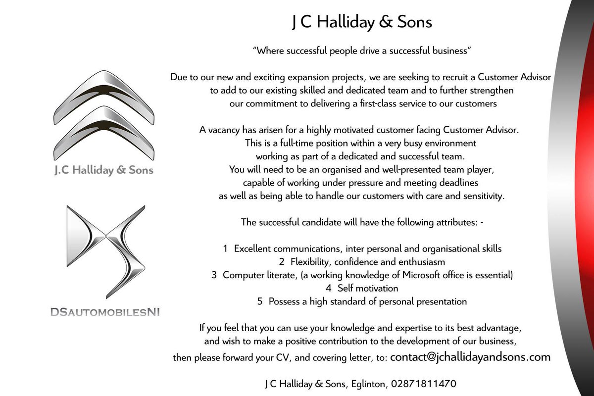 #Career #Opportunity #Customeradvisor contact@jchallidayandsons.com