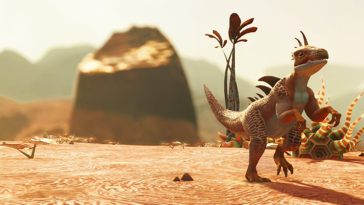 CosmicWildlife's tweet photo. This Goreshtoraptor blends in perfectly with his surrounding, making him the ideal stalker. Despite that, he prefers chasing his prey through the endless desert. @hellogames #NoMansSky https://t.co/uGCOYUvBKn