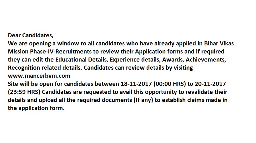 TheBVMission's tweet photo. Candidates are requested to avail this opportunity to revalidate their details and upload all the required documents (If any) to establish claims made in the application form.Candidates can review details by visiting https://t.co/xCyHfk5NVo will be open from 18 Nov to 20 Nov 2017 https://t.co/VkyvaZ2GW3