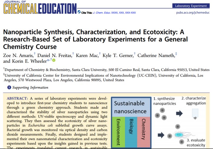 NanoBiochemSCU's tweet photo. Our #environmental #nanoscience experiments for Gen Chem are published in JChemEd. Led by @KorinWheeler &amp; @NamethCa, this was a great collaboration with @WheelerLabSCU undergrads &amp; @UCCEIN!
https://t.co/ovD1Clqp2p https://t.co/kdPy6At63C