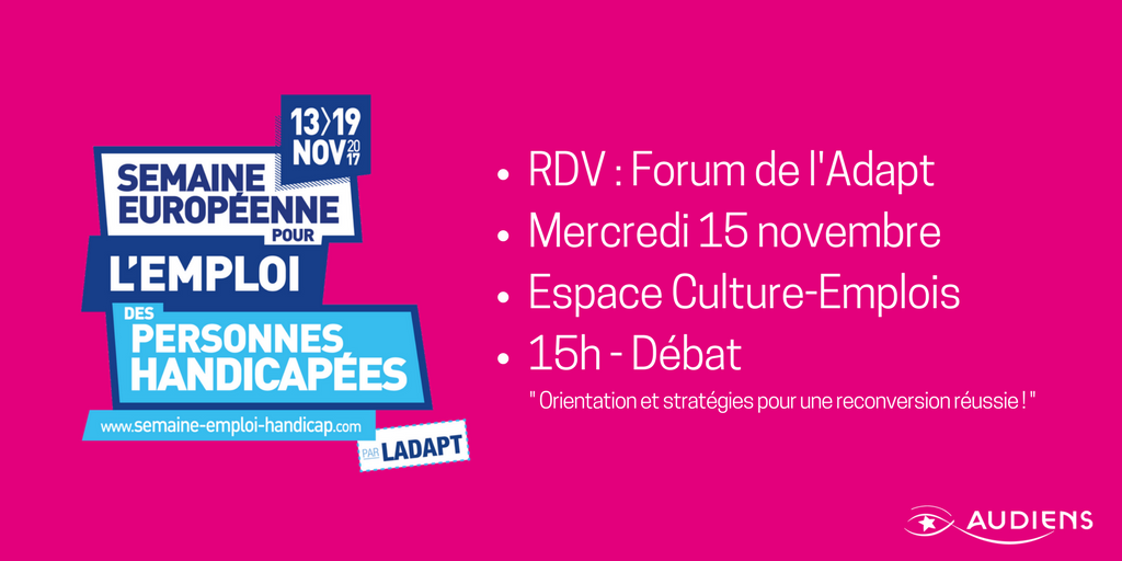 GroupeAudiens's tweet photo. La #SEEPH à débutée lundi, la #culture se mobilise. Aujourd'hui on est au Forum de l'Adapt avec #FondsPro, #CMB, #MissionHandicap.
À 15h, notre conseillère S Minski anime un débat sur "Orientation et stratégies pr une reconversion réussie ".
#handicap https://t.co/tuUHoIIieg https://t.co/jueTuWosSJ