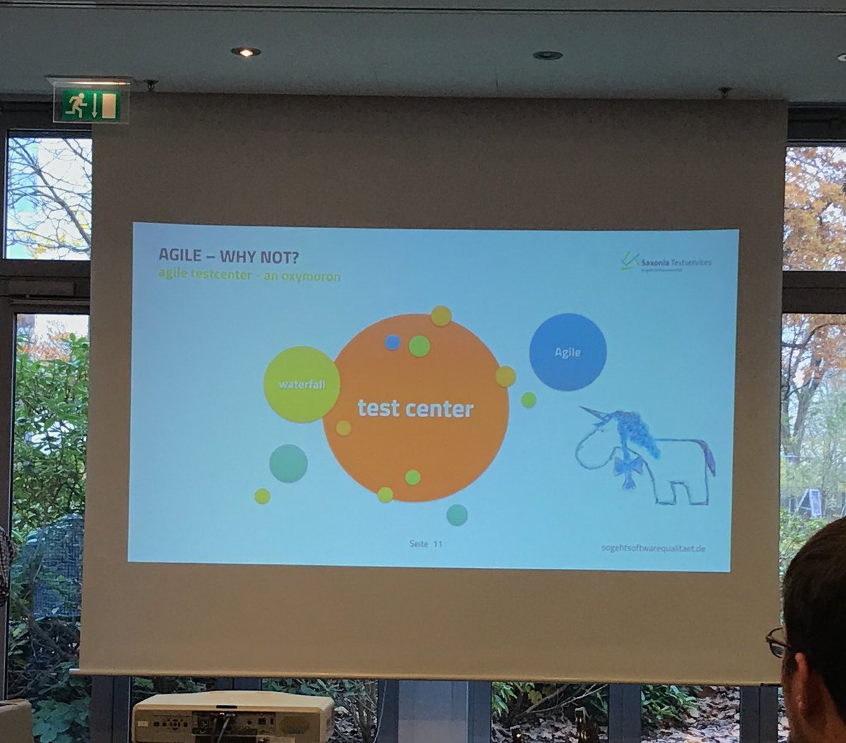 AgileTD's tweet photo. . @KayGrebenstein from our Gold Sponsor @SaTestservices speaks about #agile #testcenters in Room E1. #AgileTD https://t.co/swKoU61p6p