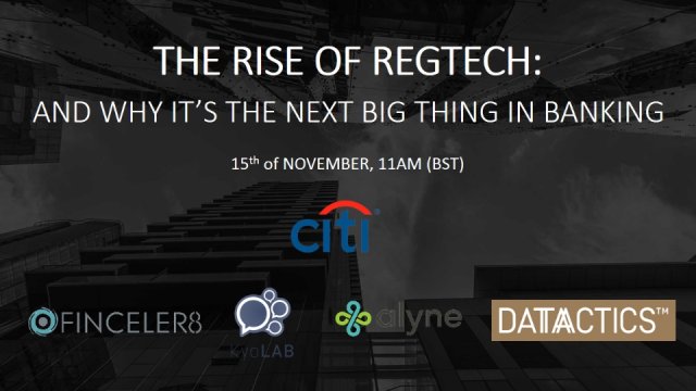 Join <a href="/Citi/">Citi</a> <a href="/finceler8/">Finceler8</a> <a href="/alyne/">alyne</a> <a href="/Datactics_/">Datactics</a> <a href="/KyoLAB/">KyoLAB</a> at our <a href="/BrightTALK/">BrightTALK</a> 'The Rise of Regtech' today at 11am UK. Registration here: bit.ly/2zHWG6k #RegTech #FinTech #Compliance #MiFID2 #GDPR #sbcFinTech