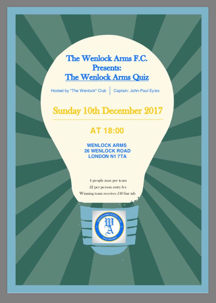 Pub Quiz 10th December @wenlockarms. Spread the word!