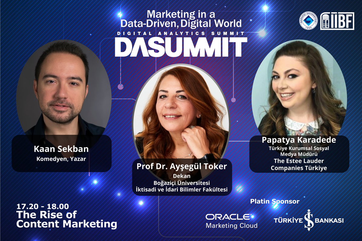 DigitalSummitBU's tweet photo. Boğaziçi Üniversitesi İİBF Dekanı Prof.Dr. Aysegul Toker , Komedyen, Yazar Kaan Sekban ve The Estée Lauder Companies Inc. Türkiye Kurumsal Sosyal Medya Müdürü Papatya Karadede 16 Kasım'da Boğaziçi Üniversitesi Digital Analytics Summit'te! #DAsummit2017 https://t.co/Jdej2DsY5z