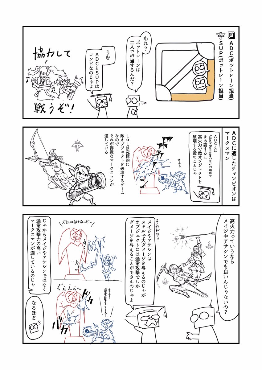 豆腐頭でも分かる! LoL初心者講座⑮ #leagueoflegends
「担当地域(ポジション)」篇 その4
今回は二人一組のボットレーン(ADCとSUP)のお話。
ちょっと特殊ですけれど、根底にある基本は同じです。 https://t.co/tcSFxmFmJZ