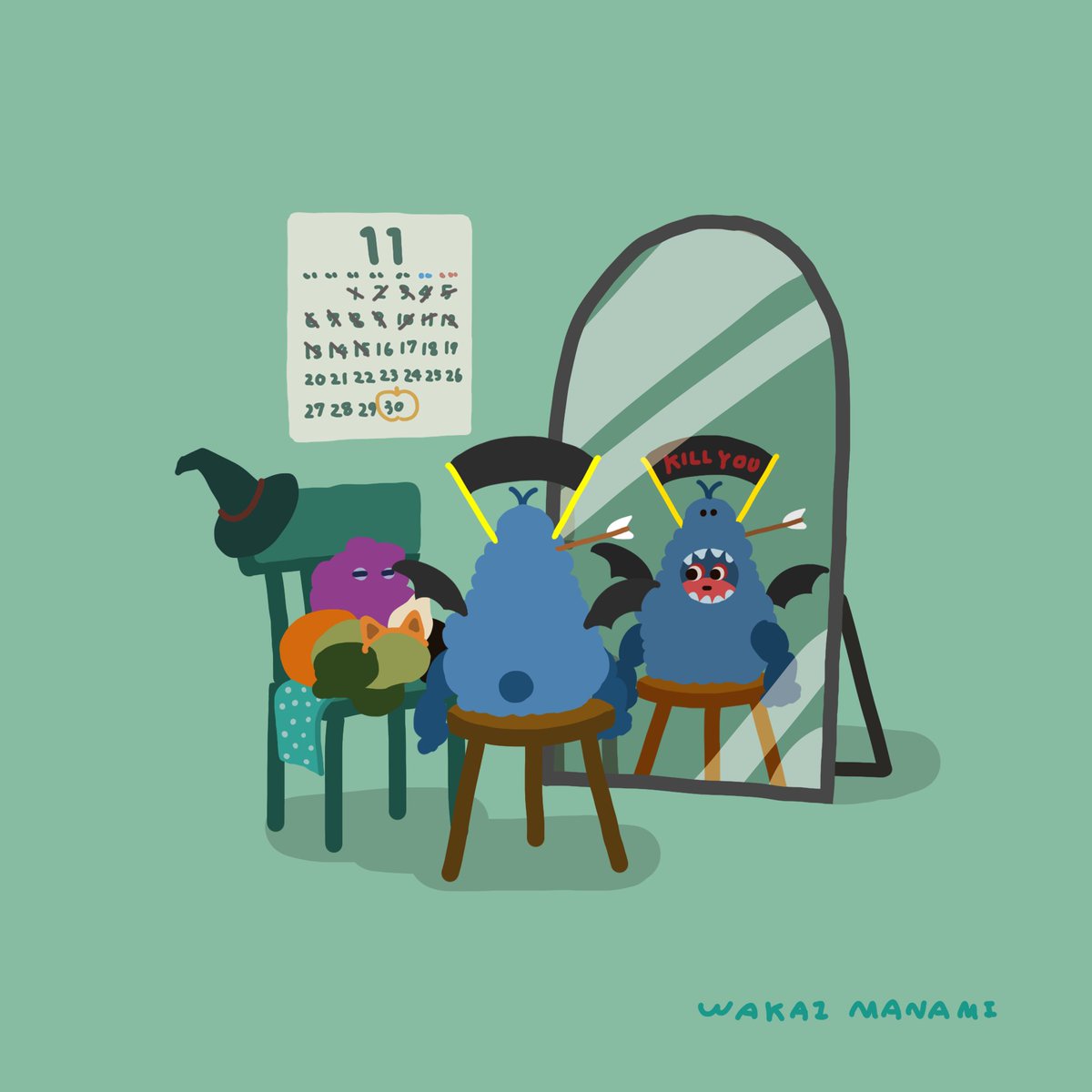 「続・なんといまだにハロウィンの日にちを一ヶ月勘違いしているカニ(考えすぎて迷走し」|wakai manamiのイラスト