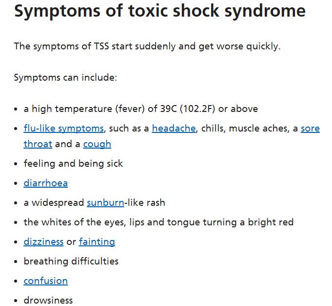 NHS on X: Toxic shock syndrome (TSS) is a rare but life-threatening  condition caused by bacteria getting into the body and releasing harmful  toxins. Get clued up on the symptoms by reading